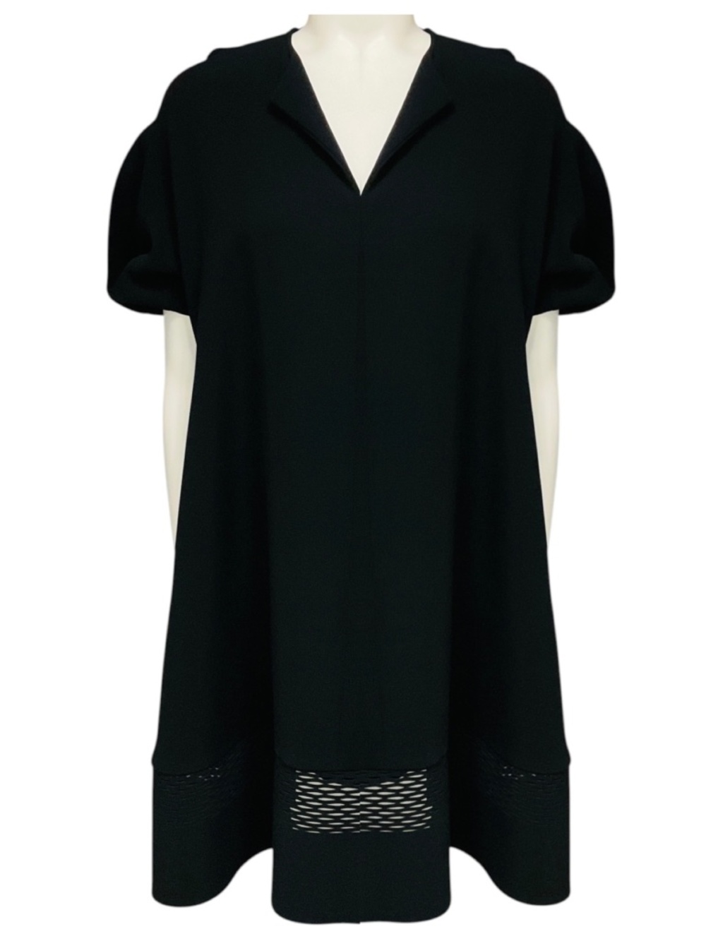 BALENCIAGA BLACK SHORT SLEEVED A-LINE DRESS WITH LASER CUT DETAIL